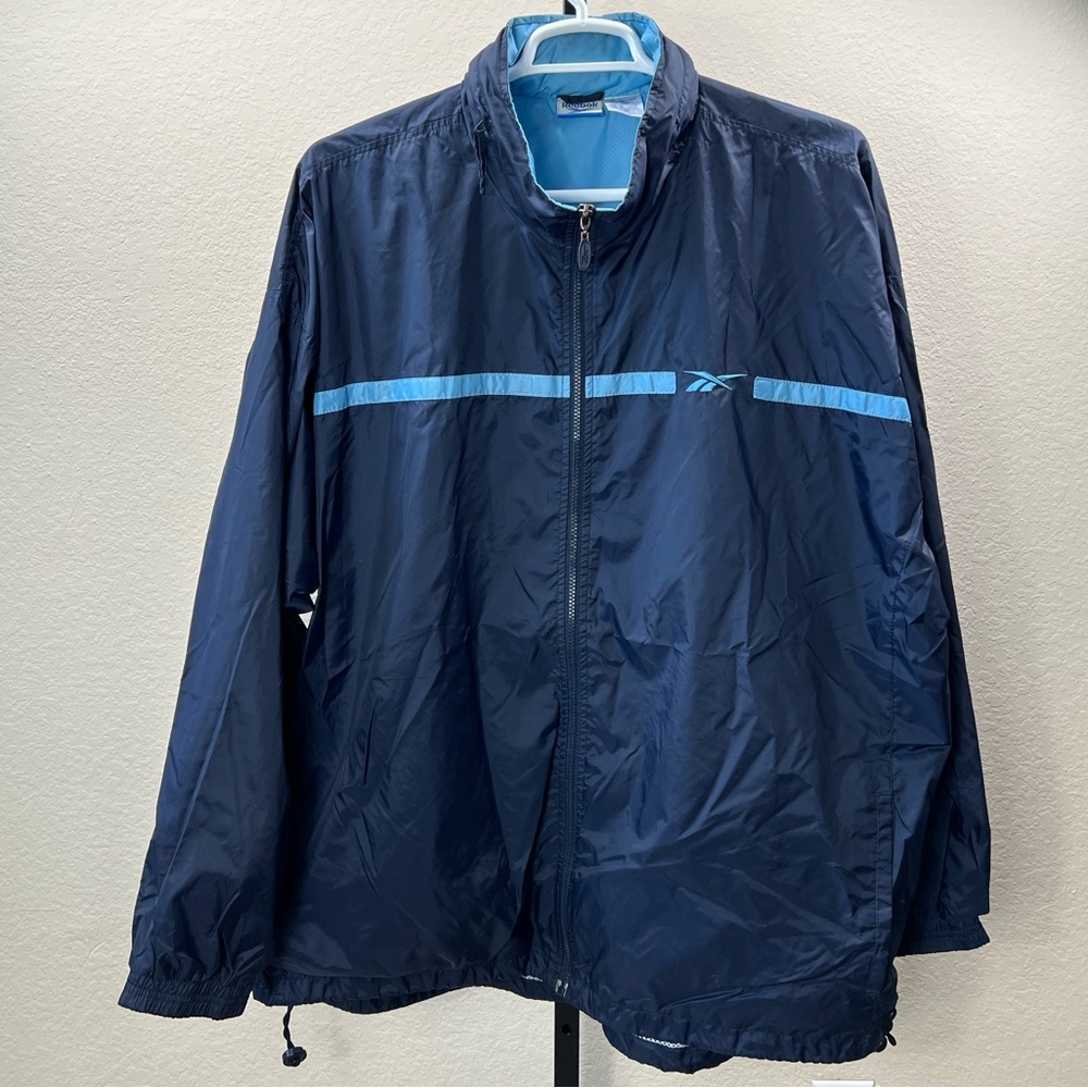 Reebok 90s Blue Nylon Windbreaker Jacket 1990s Lightweight Sports Hooded Coat Bf